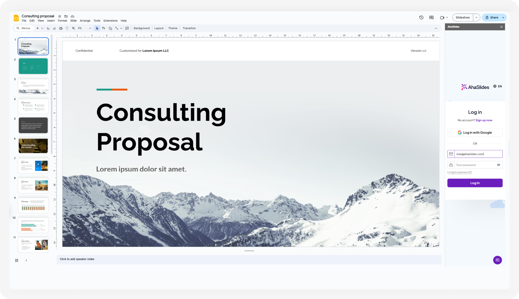 Interaga prezento de AhaSlides integriĝanta kun Google Slides dekstre de la ekrano